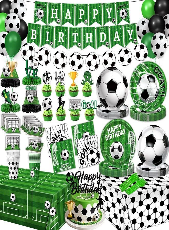 QIYANPAX Soccer Birthday Party Decorations Includes Plates, Napkins, Cups, Tablecloths, Balloons, Cake & Cupcake Toppers, Honeycomb Centerpieces, Banner for Boys Sport Soccer Party Decorations, Serves 24 - Image 1